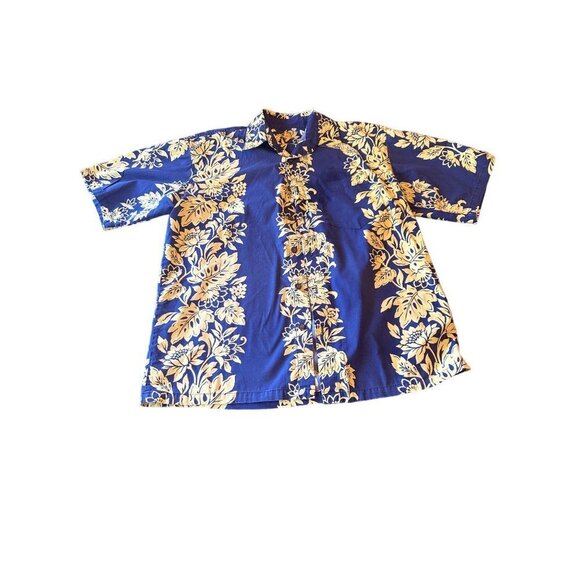 Kane Malia Hawaiian Shirt Blue Yellow Tropical Floral Size Large - Picture 1 of 5